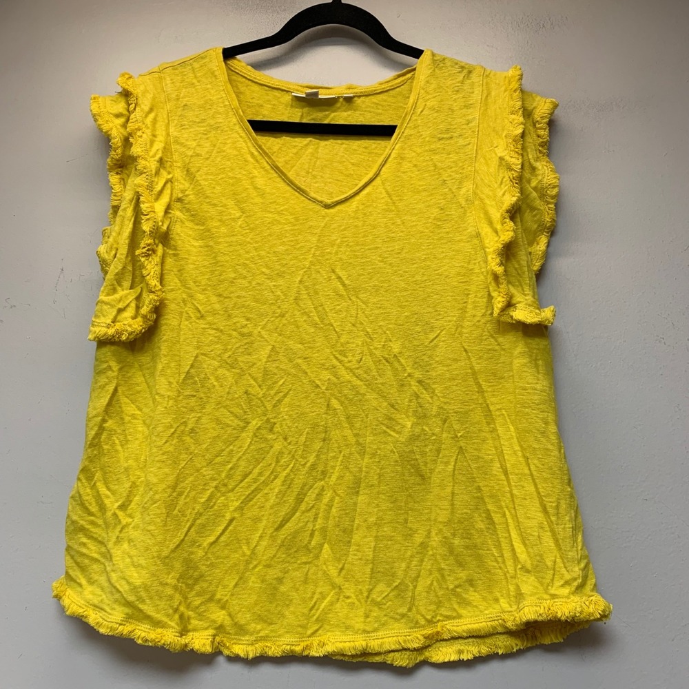 Chico's Linen Flutter Sleeve Top Womens XL 3 Yellow Excellent Fringe V-Neck